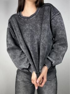 Casual Fashionable round Neck Sweatshirt Make Old Washed Black Tops Versatile Comfortable Long Sleeve Crew Neck Pullover Hoodie