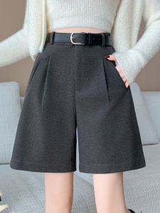 กางเกงขาสั้นผ้าขนสัตว์สีเทาสำหรับผู้หญิง ฤดูใบไม้ร่วง/ฤดูหนาว กางเกงขายาวทรงหลวมเอวสูงทรงเอ สไตล์ทำงานเกาหลี สีพื้น กางเกงขายาวทรงตรง