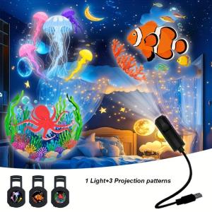 HUXUAN | LED USB Projector Light 3/6pcs Portable Adjustable Patterns Night Light for Home Decorative Ambient Use
