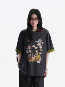 zuocisankon | Design Floral Printed Color Block Loose T-shirt