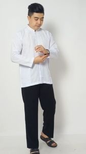 Baju Koko Pria Lengan Panjang Putih Motif Bordir A4