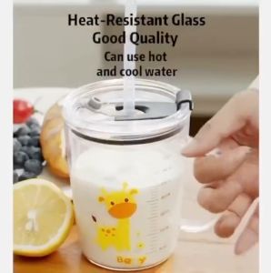 Water Cup Milk Cup With Handle Children Kid Glass Mug With Cover Lid Straw Scale Cartoon Animal Unicorn Glass
