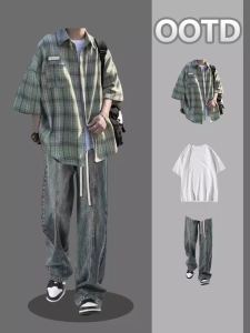 UXZZ ผู้ชายแฟชั่น High-End ลายสก๊อตแขนสั้นเสื้อฤดูร้อนสบายๆสามชิ้นชุด Hong Kong Trend Leisure ชุด