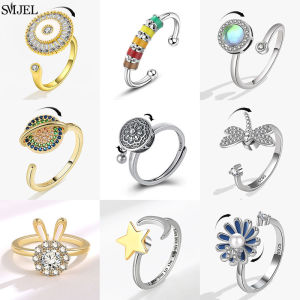 Cute Crystal Anxiety Relief Spinning Fidget Ring for Women Beads Planet Lotus Knuckle Ring Rotate Freely Jewelry Xmas Gifts