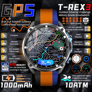 2025New Men Military GPS Map Smart Watch T-Rex3 Compass 4GB Memory 1000mAh Battery 10ATM Waterproof HD Bluetooth Call Smartwatch