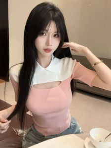 GUZILIAN | Fashionable Color Block Collared Short Sleeve Slim Fit T-Shirt Korean Style Outerwear Pure Desire Body Shaping Trendy Top