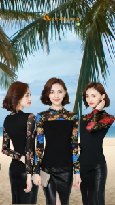 Áo thun nữ dài tay phối thun lưới in hoa GLA105 Cuocsongvang