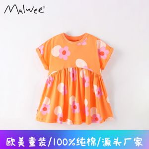 Malwee Princess Dress Summer New Style Childrens Clothing round Neck Short Sleeve Casual Kids Dress Cotton Material