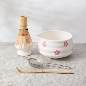 5pcs Cherry Blossom White Matcha Bowl with Matcha Whisk Set Japanese Tea Set Includes Matcha Bowl with Spout