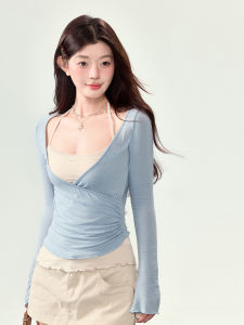 Sweetie Blue Long Sleeve Short T-Shirt Womens Fashion Design Shoulder Fit Korean Style Pure Color Summer Citywalk Top