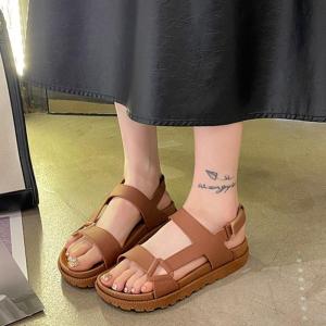 IELGY New Sandals Womens Summer Solid Color One Line with Open Toe Velcro Flat Beach Bottom