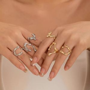 Ingemark 3Pcs Unique Irregular Smooth Rings Set Women Vintage Geometric Gold Color Lava Open Ring Couple Wed Accessories Gift