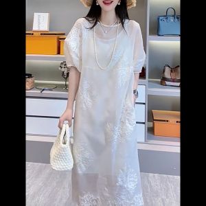 QINGNAER | French Luxury Unique Embroidery Loose Elegant Slimming Puff Sleeves Dress