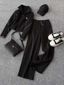 NUANPING | Slimming High-end Sport Suit Black Open-cardigan Top and Wide-leg Pants