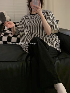 Couples Summer Sleepwear Cotton round Neck Short Sleeve Loose Pants Striped Home Clothes Two-Piece Set for Men And Women