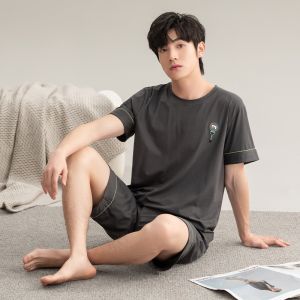 MiiOW | Mens Summer New Casual Lightweight Short Sleeve Long Pants Pure Cotton Pajamas Set Comfortable Skin-friendly Home Clothes