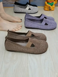 SLHJC Spring Summer Autumn New Knits T-Band Sneakers Women Flat Heel Non-slip Loafers Boat Shoes Wide Toe Breathable Flats Shoes Mother Daily Walking Shopping Work Shoes