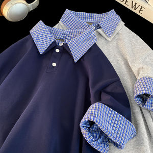 Áo Thun Polo Kẻ Caro Màu Xanh Lam Giả Hai Mảnh Cho Nam Mùa Hè Thường Ngày Cổ Polo Tay Ngắn Dáng Rộng Thoải Mái
