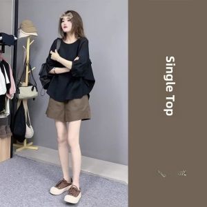 Loose Fit Long Sleeve round Neck Chiffon Top Womens Summer New Style Black Color Slimming Versatile Korean Version Office Wear