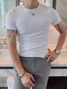 เสื้อยืดแขนสั้นทรงสลิมฟิตสำหรับผู้ชาย สไตล์อังกฤษ ฤดูร้อน สีขาว ยืดหยุ่น แฟชั่น เทรนด์ใหม่ เสื้อเชิ้ตสีพื้น