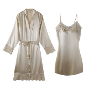 Womens Ice Silk Long Sleeve Sleepwear with Chest Pad Home Clothes Spring Autumn Two-Piece Set Nightgown Robe Youth Size