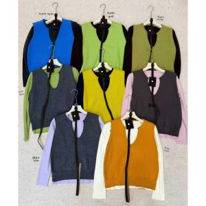 YUEZHONGWEI | Bộ Áo Không T Tay và Vest Knit Màu Cam Phong Cách Hàn Quốc Mùa Xuân