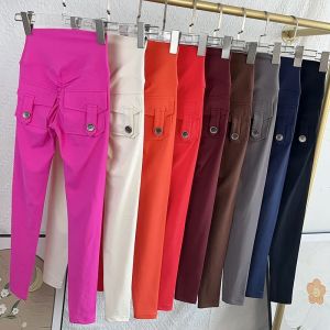 ใหม่ผู้หญิงสูงเอวโยคะกางเกงขายาวพร้อมกระเป๋า Naked Feeling แน่นกีฬาการฝึกอบรมเต้นรําสะโพกกางเกงผู้หญิง