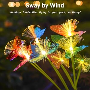 6LED Outdoor Solar-Powered Butterfly Fiber Optic Lights 2 Lighting Modes Waterproof Pathway Lamp for Yard Patio Garden Holiday