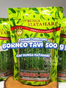 Benih Kacang Panjang Borneo - Tavi 500 gram Cap Bunga Matahari dataran rendah menengah tahan virus biji bibit sayur buntut merah borneo kanton tavi hydroponik hidroponik