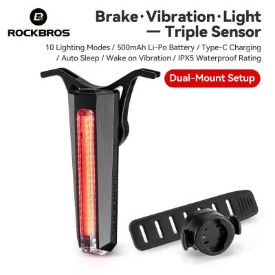 ROCKBROS Bicycle Smart Tail Light 10 Light Modes IPX5 Waterproof Cycling Rear Warning Light 500mAh Type-C Charging MTB Road Bike Night Riding Light