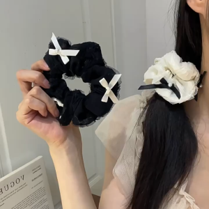 Dây buộc tóc scrunchies đính nơ viền ren xinh xắn cho nữ