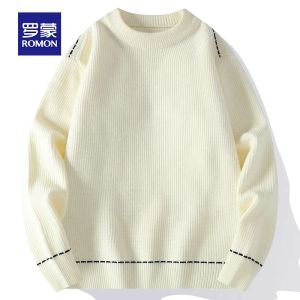 ROMON | Loose Fit Thickened Casual Black Knitted Sweater Warm Base Layer Shirt For Men Fashionable City Style Winter Season Long Sleeve