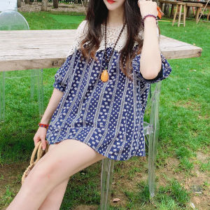 LSSHOW Sweet Lace Trimmed Loose Doll Shirt Summer Floral Short Sleeve Blouse