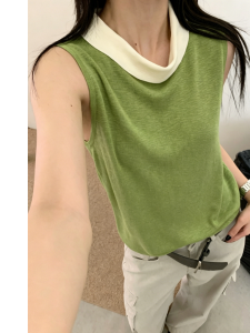 YUEZHONGWEI | Ice Silk Half Turtleneck Sleeveless Summer Blouse Slim Fit Petite French Style Faux Two-Piece Design Top