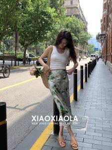 High Waist A-Line Skirt with Lace Splicing Silk Satin Print Elastic Waist Long Skirt for Commuting Summer 2023 Pure Color