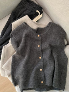 เสื้อกั๊กถักสีเทา ทรงเข้ารูป สำหรับผู้หญิง ฤดูใบไม้ผลิและฤดูใบไม้ร่วง เสื้อคลุมกันหนาวแบบสวมหัว กระดุมเล็ก สไตล์ลำลอง