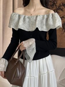 Sweet Princess Style Knitted Short T-shirt Womens One Shoulder Bell Sleeve Cotton Blend Elastic Fiber Summer Top