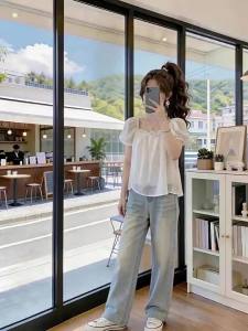 AIYITI | White Square Neck Short Sleeve Chiffon Blouse