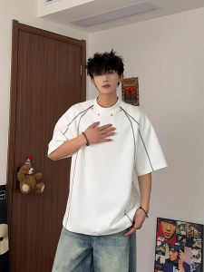 Deconstructed Patchwork Mens T-Shirt Summer Design Unique Shoulder Short Sleeve American High Street Heavy Half Sleeve Cotton