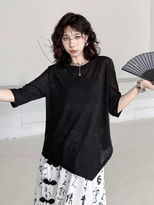 Womens Short Sleeve T-Shirt Spring Summer New Fashion Loose Slimming Hong Kong Style Asymmetrical Solid Casual Versatile Top