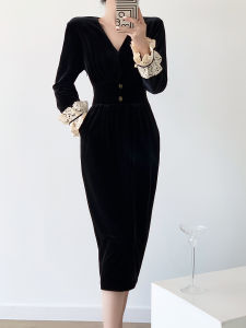 Sleeve Velvet Slimming Retro Square Neck Slit Dress