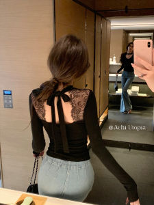Achi Black Lace Splice V-Neck Knitted Long Sleeve Womens Top Elegant Slim Fit Base Shirt Commute Style Fiber Blend Knitwear