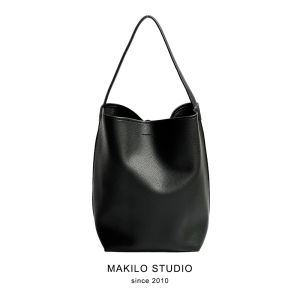 Makilo Casual Minimalist Pure Color Large Capacity Shoulder Bag Bucket Bag Lychee Pattern Soft Leather Big Bag Tote Bag for Women