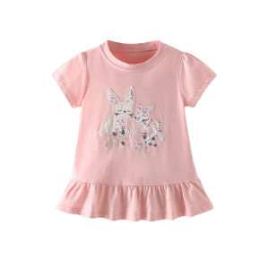 กระโดดเมตร 3-8T ใหม่มาถึงกระต่ายเย็บปักถักร้อยร้อนขายผ้าฝ้ายสาวฤดูร้อนเสื้อยืดเด็กเสื้อผ้าเด็ก Tees Tops