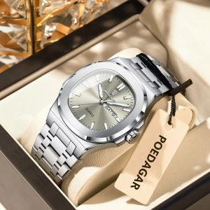 POEDAGAR Original Fashion Men Wristwatch Waterproof Luminous Week Date Man Watch Stainless Steel Quartz Business Watches For Men