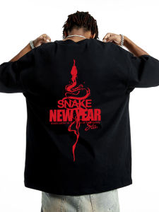STA New Snake Year Print Trendy Summer Pure Cotton Short Sleeve Mens T-shirt Loose American Style Half Sleeve Top Youth Fashion