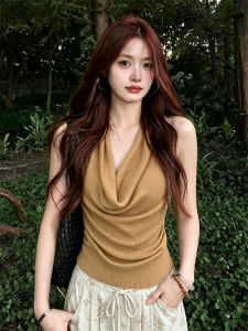 PEIXI | Drape Neck Halter Cropped Orange Knit Top Summer Sleeveless