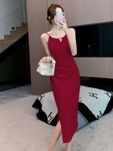 South Korea Chic Summer French Style Retro Elegant Cut Out Silm Slim Looking Sheath Split Backless Sling Dress Women