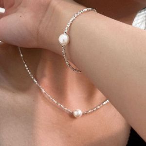 Pearl Broken Silver Bracelet & Irregular Shiny Broken Silver Necklace