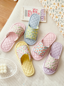New Ins Korean Style Fresh Floral Cotton Linen Girls Slippers Silent Anti Slip Soft Cloth Bottom Home Floor Slippers